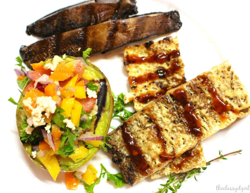 Grilled avocado with fresh tomato and pepper salsa, grilled portobello mushrooms and grilled tofu steak